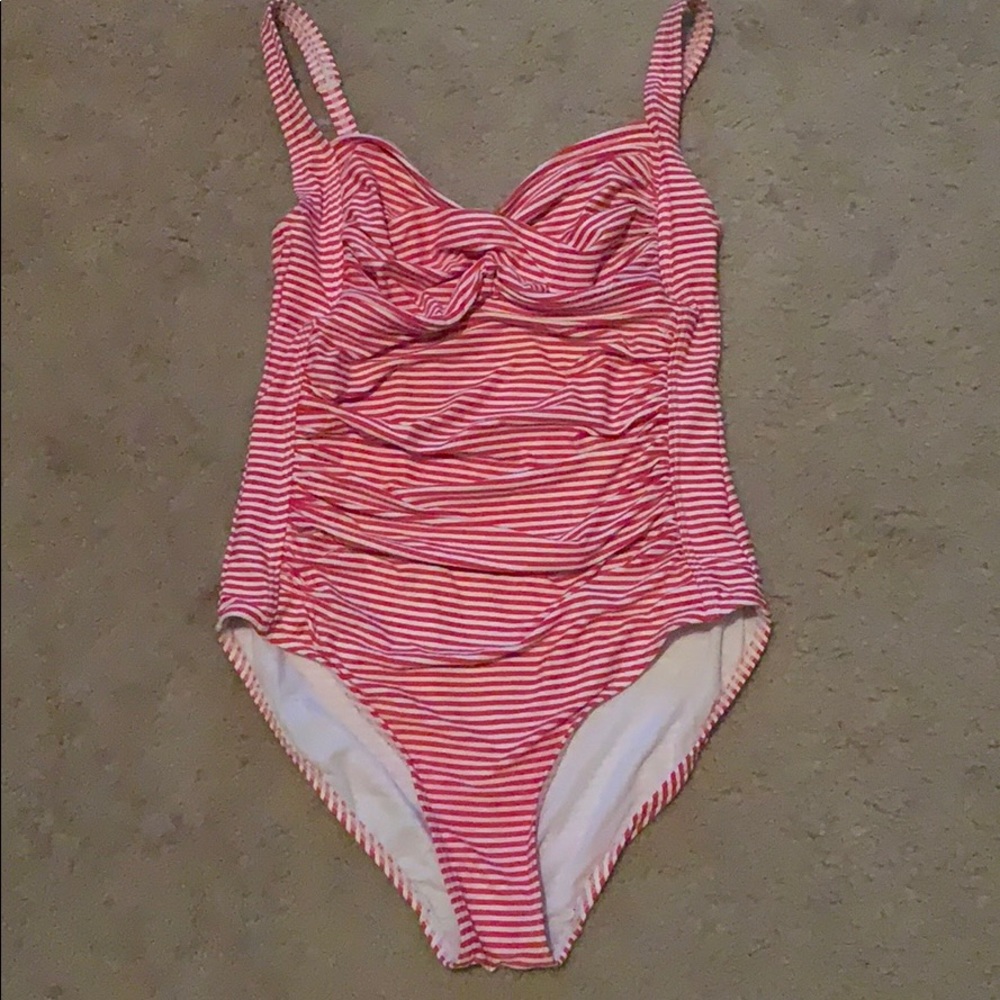 Red and white striped one piece swimsuit